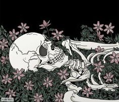 a drawing of a skeleton laying on the ground next to some flowers and plants with pink flowers around it