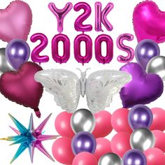 balloons, stars and butterflies are arranged in the shape of letters that spell y2k 2000's