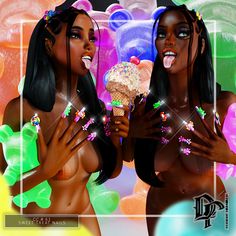 two beautiful women standing next to each other holding ice cream cones in front of them