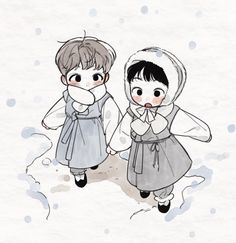 two children dressed in winter clothes walking through the snow with their hands on their mouths