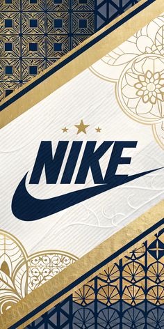 the nike logo is on top of a gold and blue wallpaper with intricate designs