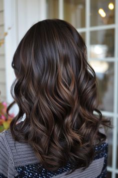 Dimensional Brunette Dark Chocolate Brown, Ash Brown Lowlights, Chocolate Brown Hair Ideas, Brown Lowlights, Brown Hair Ideas, Brown Hair Trends, Chocolate Brown Hair Color, Brown Curls, Brown Hair Looks