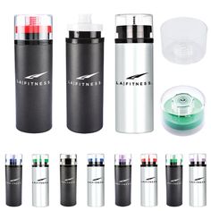 the different types of stainless steel water bottles are shown with their lids open and empty