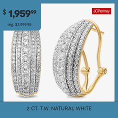 Diamond Clarity: I2-I3Earring Back: OmegaSetting: ProngStone Cut: RoundDiamond Color: J-KMetal Color: YellowEarring Length: 22.9mmEarring Width: 8.5mmRounded Carat Weight: 2 Ct. T.w.Care: Wipe CleanStone Type: 196 Natural DiamondAuthenticity: Natural DiamondBirthstone: April BirthstoneEarrings Style: Hoop EarringsMetal: 14k GoldCountry of Origin: Imported Earrings Hoop, Earrings Color, 2 Carat, Diamond Clarity, White Diamond, Natural Diamonds, Everyday Wear, Hoop Earrings, Yellow Gold