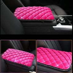 pink car seat cover with multiple pictures of the back and front seats in different positions