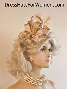 Champagne Beige Satin Wedding Fascinator Cocktail Hat For Women. Couture Bespoke 1920's Flapper Era Designer Fashion Hat - Trimmed With A Large Looped Champagne Beige Satin Bow, Accented With Delicate Beige Feathers, Embellished With A Beautiful Row Of  Rhinestones. This Satin Wedding Fascinator Is Held In Place By An Ali gator Hair Clip. This Is A Beautiful Headpiece For A Bride Or Wedding Guests. Also Suited For Mother Of The Bride Or Groom.

Measurements: The Fascinator Satin Base Measures 13 Special Occasion Hats, Mother Of The Bride Hats, Church Lady Hats, Formal Hat, Flapper Era, Custom Made Hats, 1920's Flapper, Occasion Hats, Bridal Fascinator