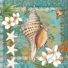 a painting of seashells and starfish on a blue background with white flowers