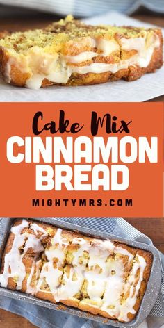 cake mix cinnamon bread with white frosting on top and an orange banner in the middle