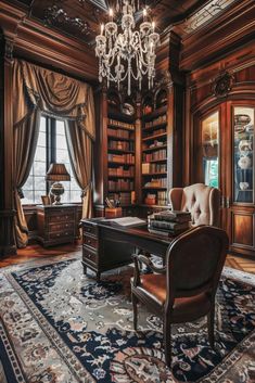 an elegant home office with chandelier and bookshelves in wood paneled room