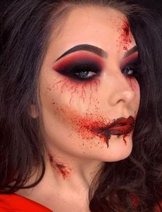 Whisperer Vampire Makeup Ideas Vampy Halloween Makeup, Gore Vampire Makeup, Womens Face Painting Halloween, Red And Black Vampire Makeup, Vampire Queen Makeup Halloween, Vampire Eyeshadow Looks, Women Vampire Costume Ideas, Vampire Makeup With Blood, Women’s Vampire Makeup