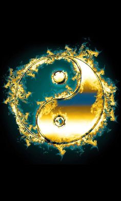 the yin symbol is shown in flames on a black background with blue and yellow swirls