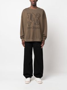 embroidered-logo cotton sweatshirt from PALM ANGELS featuring earth brown, cotton, embroidered logo to the front, monogram print, crew neck, long sleeves and straight hem. This item is in size L and the color is Monogram Prints, Palm Angels, Monogram, Long Sleeves, Crew Neck, ? Logo, Sweatshirts, Long Sleeve, Color