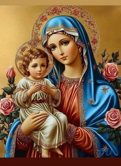 the virgin mary holding a child in her arms with roses around her neck and gold background