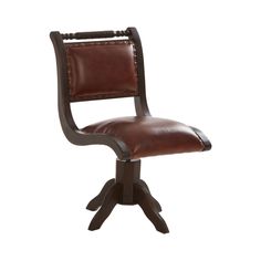 a brown chair with leather upholstered on the back and arm rests against a white background