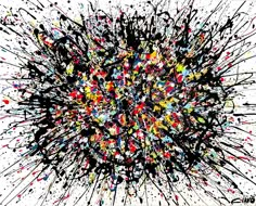 an abstract painting with paint splatters and black, red, yellow, blue, white