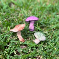 three tiny crocheted mushrooms sitting in the grass