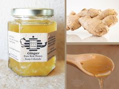 a spoon full of ginger syrup next to a jar of honey