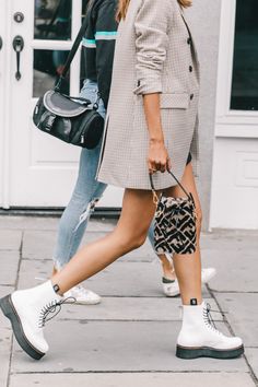 NYFW Day 6 | Collage Vintage White Doc Martens, Rihanna Street Style, White Dr Martens, Gigi Hadid Street Style, White Combat Boots, Ultimate Capsule Wardrobe, European Street Style, Martens Outfit, Dr Martens Outfit