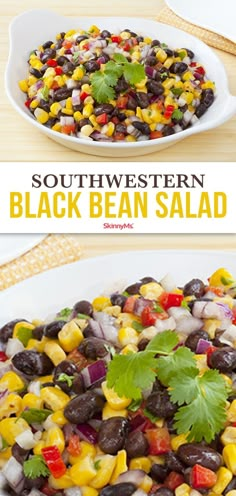 black bean salad with corn and cilantro in a white bowl