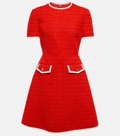 Find VALENTINO Rockstud Bouclé Minidress on Editorialist. Material II: 65% wool, 35% silk. Made in Italy. Closure: zipped back. Designer color name: Rosso/Avorio. Material: 10% acrylic, 5% polyamide, 35% cotton, 45% viscose, 5% wool. Lining: 100% silk, fully lined. Care instructions: dry clean. Tailored Dresses, Fashion 60s, Floral Skirts, Chic Dress Classy, Shade Of Red, Look Retro, Classy Work Outfits, Valentino Rockstud, 1960s Fashion