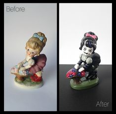 before and after photos of a ceramic figurine