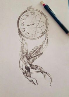 a drawing of a clock with a bird on it's face next to a pencil