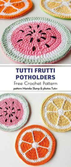 crochet fruit potholders are shown in different colors