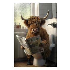 a brown cow sitting on top of a toilet reading a newspaper next to a radiator