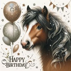 a happy birthday card with a horse and balloons