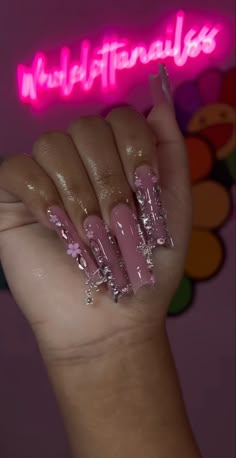 333 Nails Acrylic, Long Nail Designs Gems, Fye Nails, Punk Nails, Pink Ombre Nails, Drip Nails, Baddie Nails, Dope Nail Designs, Long Acrylic Nails Coffin