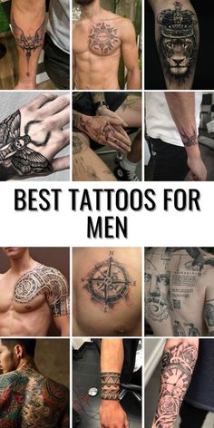 many different tattoos for men on each arm and chest, with the words best tattoos for men above them