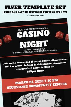 a flyer for a casino night with dices and playing cards