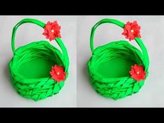 two pictures of green baskets with red flowers on them