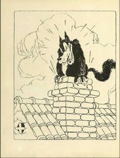 a black and white drawing of a cat sitting on top of a pile of bricks