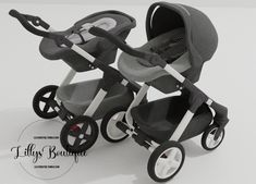 two baby strollers sitting next to each other on a white surface with black wheels