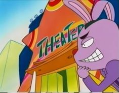 an animated cartoon character standing in front of a theater sign with the word theater on it