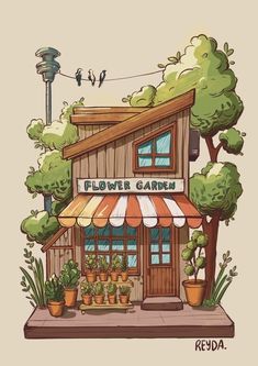 a drawing of a flower shop with potted plants