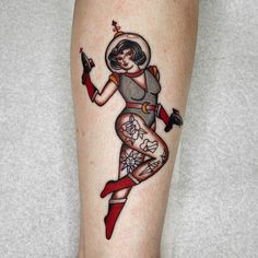 American Traditional Lady Tattoo, Pinup Astronaut, Space Girl Tattoo, Traditional Tattoo Pin Up Girl, Traditional Tattoo Pin Up, Circus Tattoo, Traditional Black Tattoo, Traditional Tattoo Flash Art, Cowgirl Tattoos