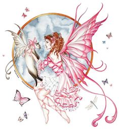 a drawing of a fairy with a horse in her hand and some butterflies around her