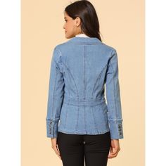 It is a regular-fitting denim jacket, featuring vintage-inspired light blue, and it will last you throughout all the seasons! Made of soft and comfy cotton fabric, this denim jacket adds sophisticated style to your ensemble with its notched collar, double-breasted design, and four-button front closure. Weekdays at work, shopping, trips, and everything in between will help you achieve a variety of stylish looks all throughout the year. Opt for a business-casual look by pairing it with slim-fit tr Demin Jacket, Long Sleeve Denim Jacket, Baby Blue Colour, Denim Pocket, Denim Blazer, Blazer With Jeans, Slim Fit Trousers, Notched Collar, Sophisticated Style