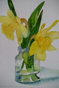 watercolor painting of yellow flowers in a glass jar