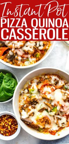 two white bowls filled with pizza quinoa casserole on top of a table