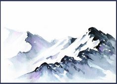 a watercolor painting of snow covered mountains