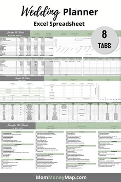 the wedding planner excel spreadsheet 8 tabs is shown in green and white