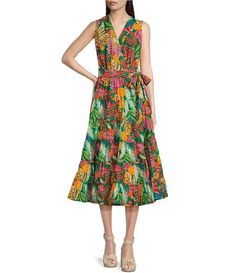 Gibson & Latimer Floral Printed Tiered Sleeveless Surplice V-Neck Tie Waist Wrap Midi Dress | Dillard's V-neck Sleeveless Dress For Garden Party, Beach Sleeveless V-neck Dress With Tie Waist, V-neck Sleeveless Dress With Tie Waist For Beach, Casual Sleeveless V-neck Dress With Tie Waist, Multicolor V-neck Midi Dress With Tie Waist, Sleeveless V-neck Dress For Garden Party, Sleeveless Midi Dress With Tie Waist For Vacation, Sleeveless Green V-neck Dress For Vacation, Casual V-neck Sleeveless Dress For Garden Party