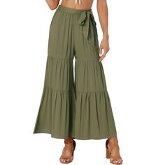 Flowy wide-leg pants with an elastic waist cinched by an attached tie belt making these pants more distinctive and attention-grabbing. The relaxed fit and butterfly hem make them a great choice for spring and summer closets. The flared-leg trousers have oversized ruffling and an elastic waist for easy movement. In these sultry yet comfortable wide-leg pants, catch the breeze and plenty of double takes. Belt Making, Flowy Wide Leg Pants, Wide Leg Lounge Pants, Printed Palazzo Pants, Paperbag Pants, Wide Leg Palazzo Pants, Flowy Pants, Ladies Of London, Stretch Dress