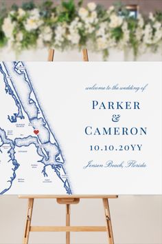 an easel with a map on it that says parker and cameron 10 / 10 / 20