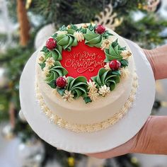 a hand holding a cake decorated with holly and berries