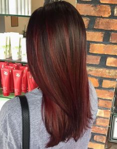 Brick Red Balayage, Dark Brown Hair And Red Highlights, Light Red Highlights On Dark Hair, Red Highlights In Medium Brown Hair, Brick Hair Color, Subtle Red Highlights In Brown Hair Balayage, Red Balayage For Dark Brown Hair, Light Brown Hair With Dark Red Highlights, Brick Red Hair Color