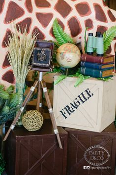 a giraffe themed display with books and other items